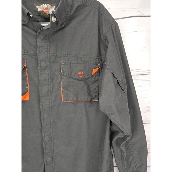 Harley Davidson Mens Large Black Orange Snap Front Utility Performance Shirt L - Picture 4 of 9